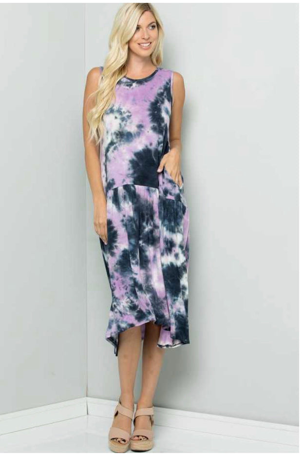 LD-B {Calming Vibes} Navy/Lavender Tie Dye Sleeveless Dress PLUS SIZE 1X 2X 3X