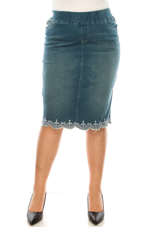 LEG-94 {Putting It Simply} Denim Embroidered Skirt EXTENDED PLUS SIZE 4X 5X