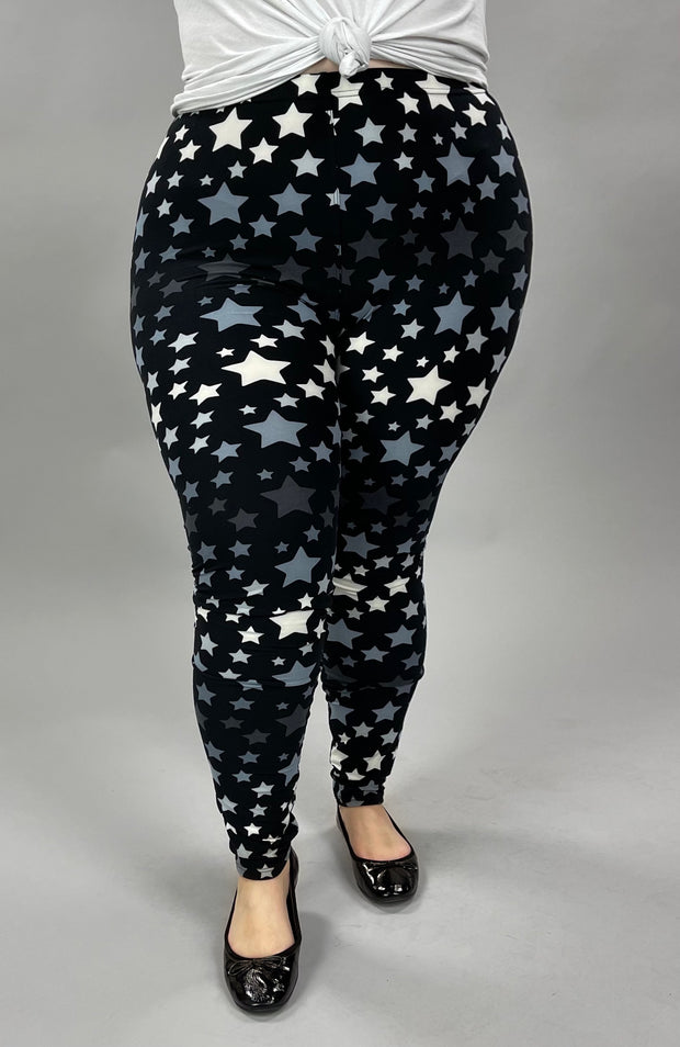LEG-82 {In The Stars}  Black Star Print Leggings EXTENDED PLUS SIZE 3X/5X