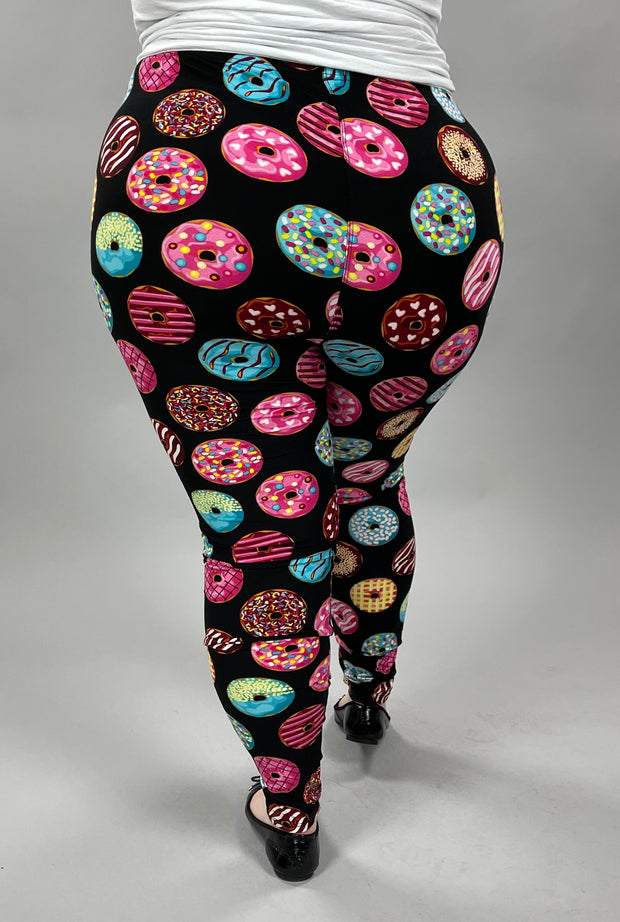 LEG-50 {Donut Shop}  Donut Printed Black Leggings  EXTENDED PLUS SIZE 3X/5X
