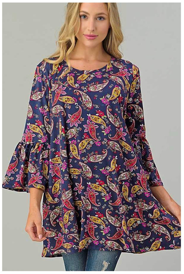 PQ-M {Simple Country LIfe}  Navy Tunic  W/Multi Color Paisley Print PLUS SIZE 1X 2X 3X