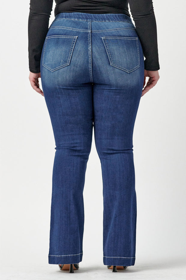 LEG-25 {Ms. Cello} Med Denim Pull On Flare Jeans PLUS SIZE 1X 2X 3X
