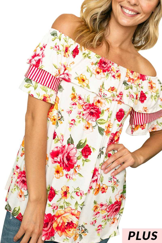 37 CP-P {I See A Difference} Raspberry Floral Stripe Top PLUS SIZE 1X 2X 3X