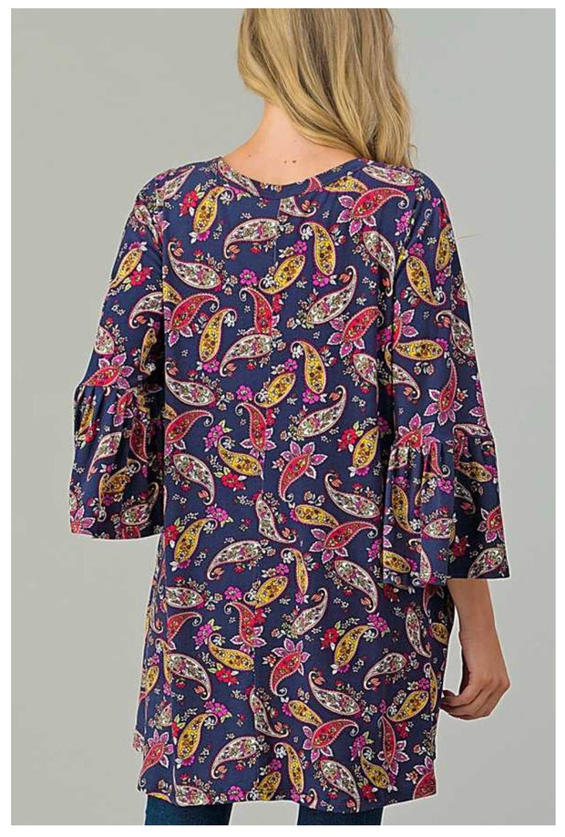 PQ-M {Simple Country LIfe}  Navy Tunic  W/Multi Color Paisley Print PLUS SIZE 1X 2X 3X