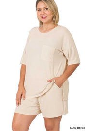 LEG-49 {Got Things To Do} Beige Short Sleeve Short Set PLUS SIZE 1X 2X 3X