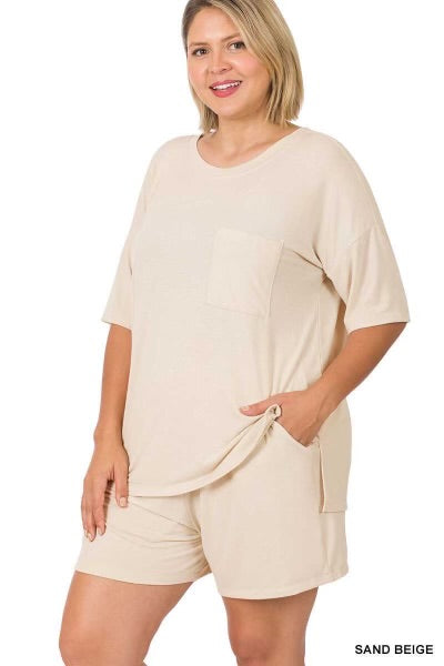 LEG-49 {Got Things To Do} Beige Short Sleeve Short Set PLUS SIZE 1X 2X 3X
