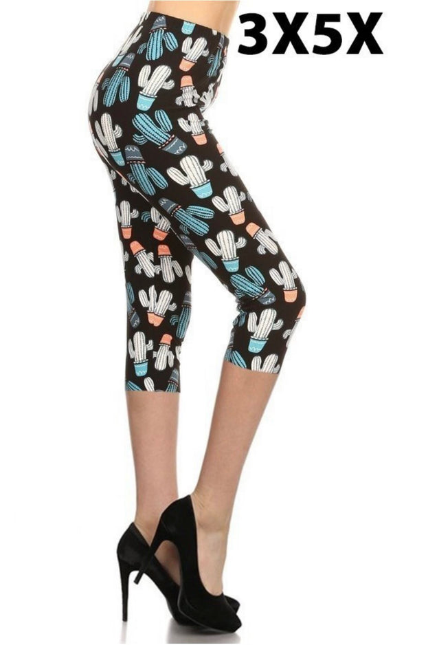 LEG-6 {Cactus Garden} Cactus Print Capri Leggings EXTENDED PLUS SIZE 3X/5X