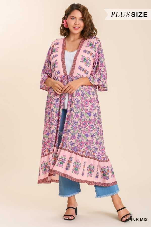 LD-R   {There She Goes} Umgee Pink Mix Floral Kimono PLUS SIZE XL 1X 2X