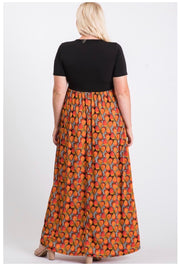 LD-D {Fall Festival) } Black & Orange Print Maxi Dress PLUS SIZE 1X 2X 3X