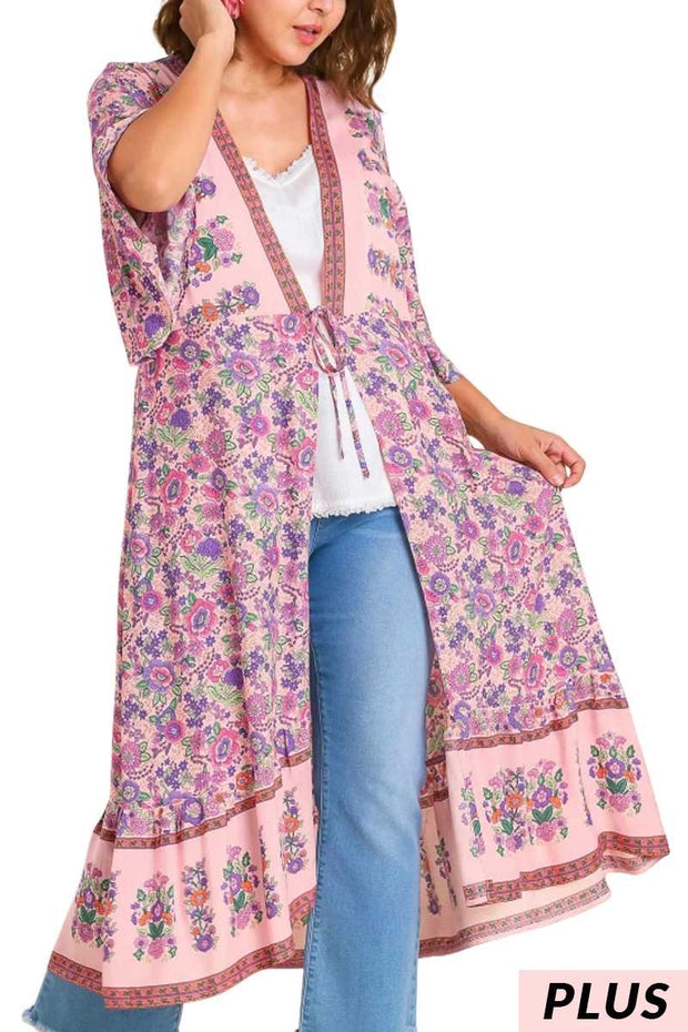 LD-R   {There She Goes} Umgee Pink Mix Floral Kimono PLUS SIZE XL 1X 2X