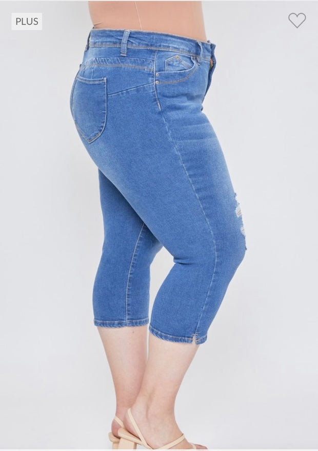 LEG-61 {Royalty For Me} Med. Blue Ripped Capri Jeans   PLUS SIZE 14 16 18 20 22 24