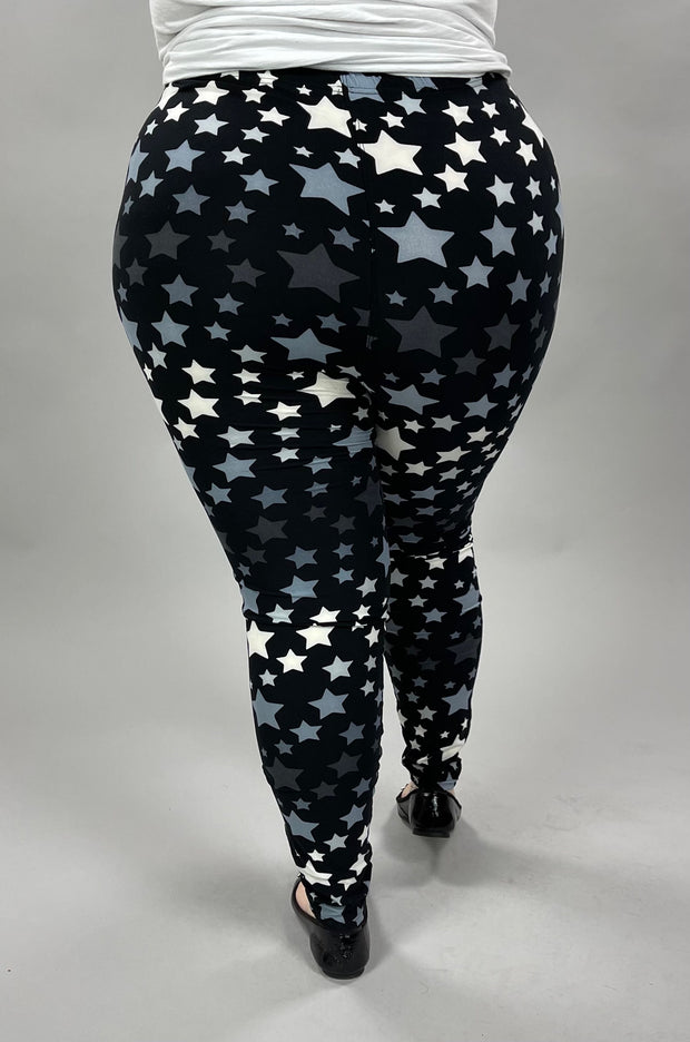 LEG-82 {In The Stars}  Black Star Print Leggings EXTENDED PLUS SIZE 3X/5X