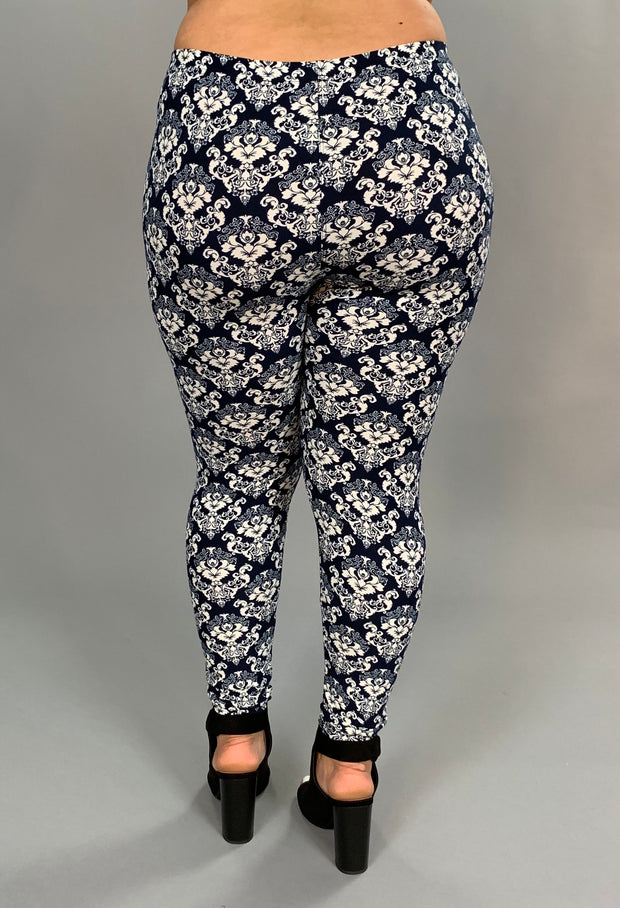 LEG-81 Blue & White Damask Print Leggings PLUS SIZE
