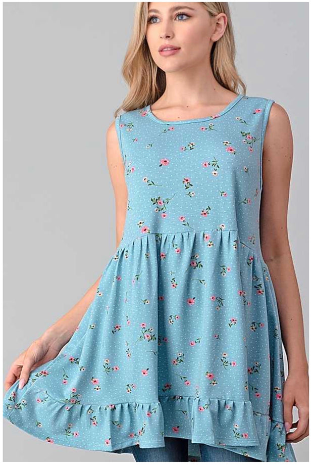 SV-M {Little Details} Blue Sleeveless Tunic Floral & Dot Details PLUS SIZE 1X 2X 3X