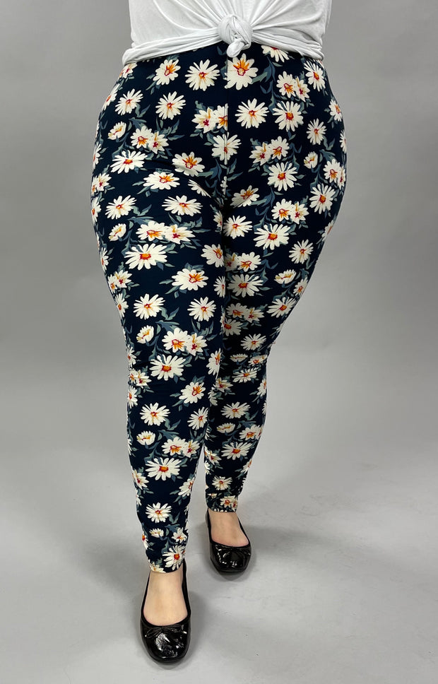LEG-52 {Blue Daisy}  Navy Daisy Printed Leggings EXTENDED PLUS SIZE