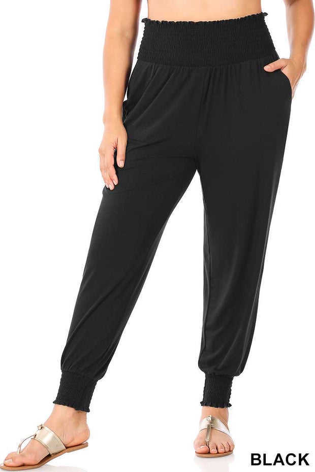 LEG-19 {Jog Around Town} Black  Smocked Waist Jogger Pants PLUS SIZE XL 2X 3X