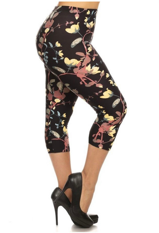 LEG-17 {Golden Life) Black Floral Butter Soft Capri Leggings Plus Size