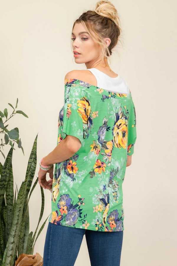 28 OS-L {Spicing It Up} Mint Floral  Cold Shoulder Top PLUS SIZE XL 2X 3X