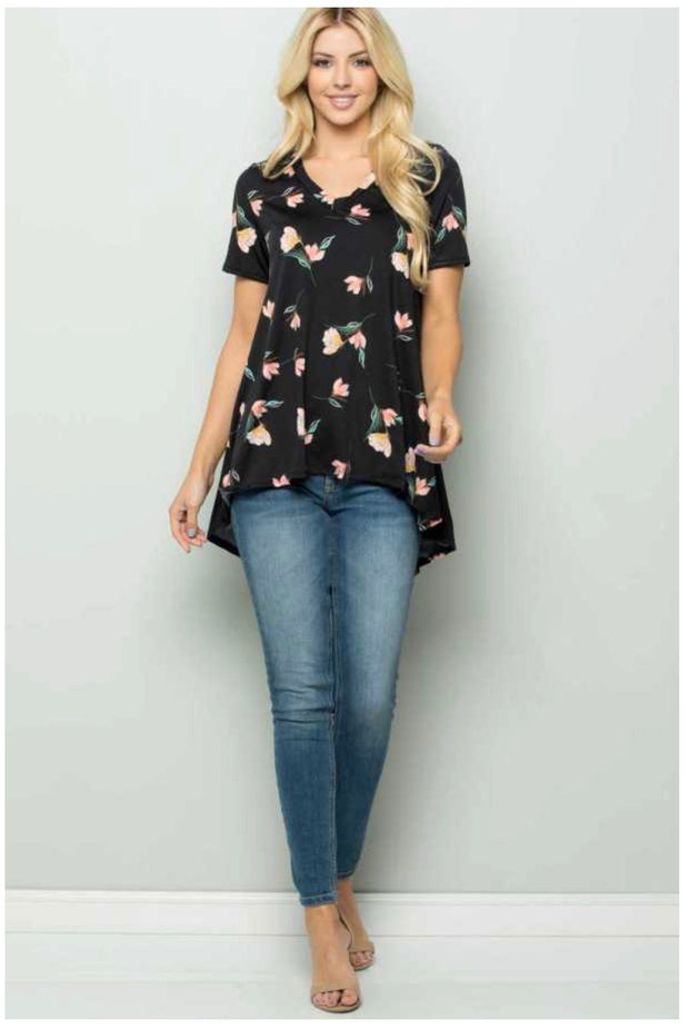 PSS-G  {Marvelous Magic} Black Floral Print Hi-Low Tunic PLUS SIZE 1X 2X 3X