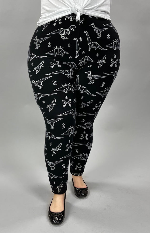LEG-45 {Dino} Black Dinosaur Print Leggings EXTENDED PLUS SIZE 3X/5X