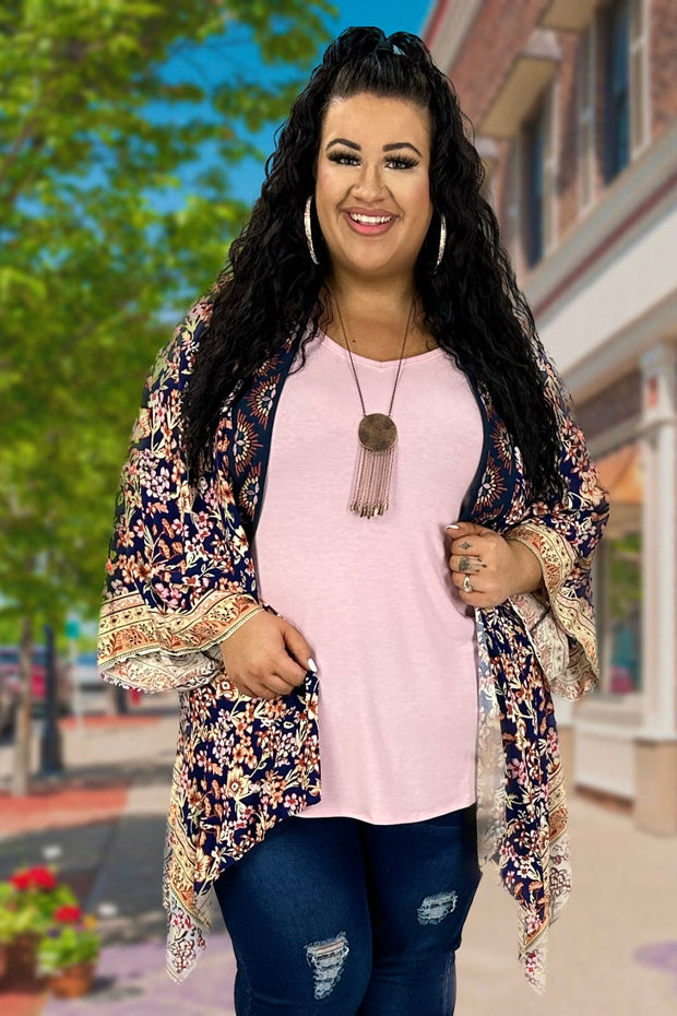11 OT-R {Sweetest Gesture} Umgee Navy  Floral Kimono PLUS SIZE XL/1X  1X/2X