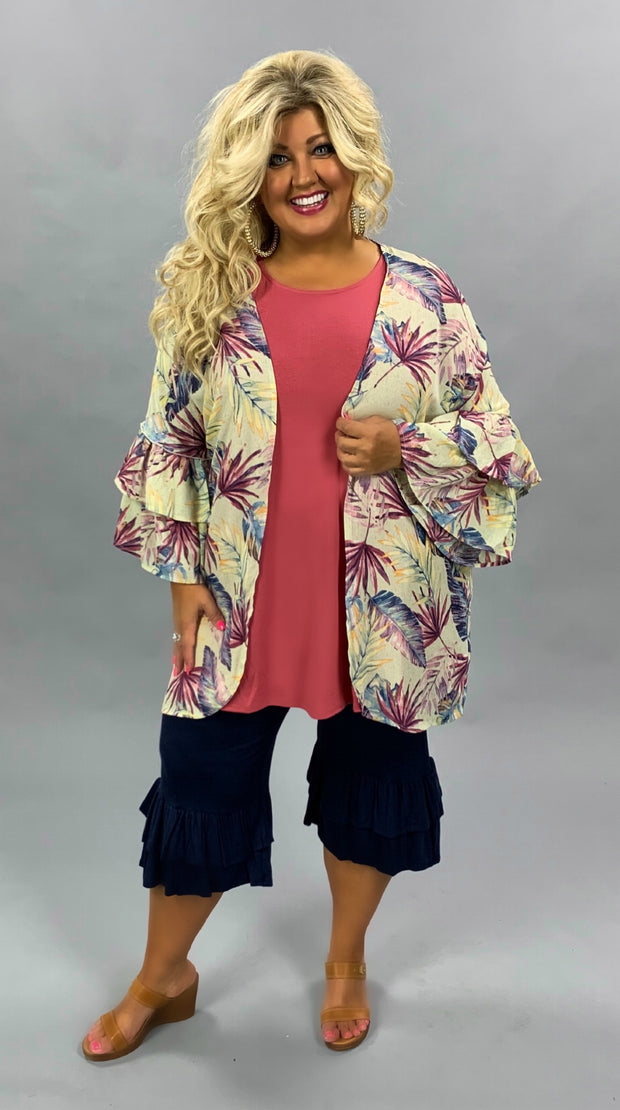 OT-H {I'm On Beach Time} Sangria/Navy/Mustard Cardigan With Palm Leaf Design PLUS SIZE 1X 2X 3X