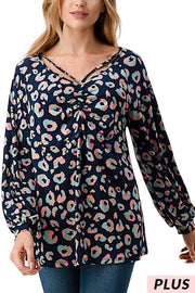 14 PLS {Trying My Best} Navy/Pink/Teal Leopard V-Neck Top