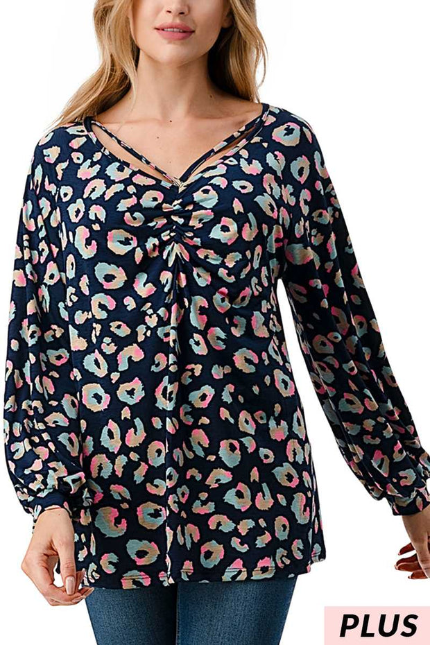 14 PLS {Trying My Best} Navy/Pink/Teal Leopard V-Neck Top