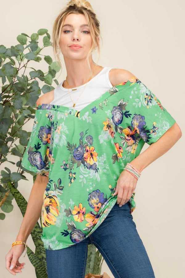 28 OS-L {Spicing It Up} Mint Floral  Cold Shoulder Top PLUS SIZE XL 2X 3X
