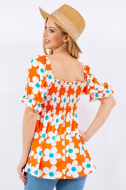 SALE!! 22 PSS-C {Daisy On Display} Orange Print Smocked Top PLUS SIZE XL 2X 3X