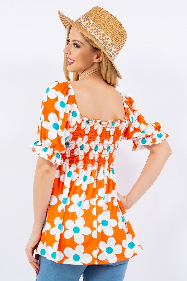 SALE!! 22 PSS-C {Daisy On Display} Orange Print Smocked Top PLUS SIZE XL 2X 3X