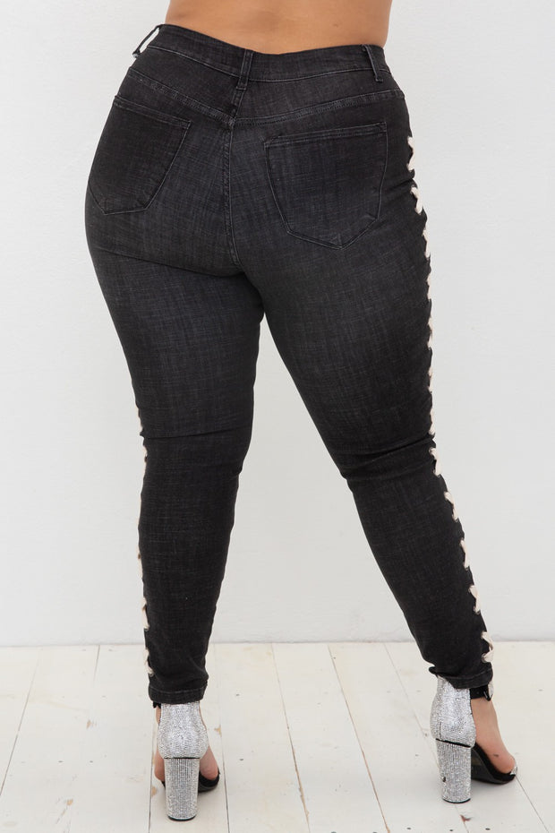 BT {Vocal Criss Cross} Black Jeans w/Side Criss Cross PLUS SIZE XL 2X 3X
