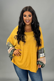 12  CP {Secret Love} Mustard Top w/Multi-Print Sleeves PLUS SIZE XL 2X 3X