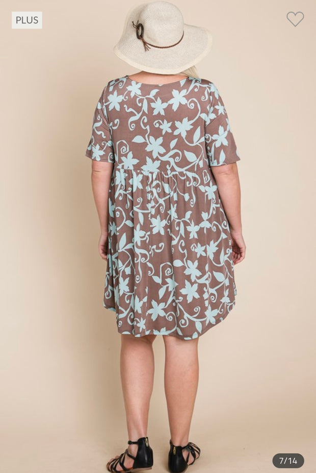SALE!!  46 PSS-Z {The Best Time} Brown/Teal Print Babydoll Dress PLUS SIZE 1X 2X 3X