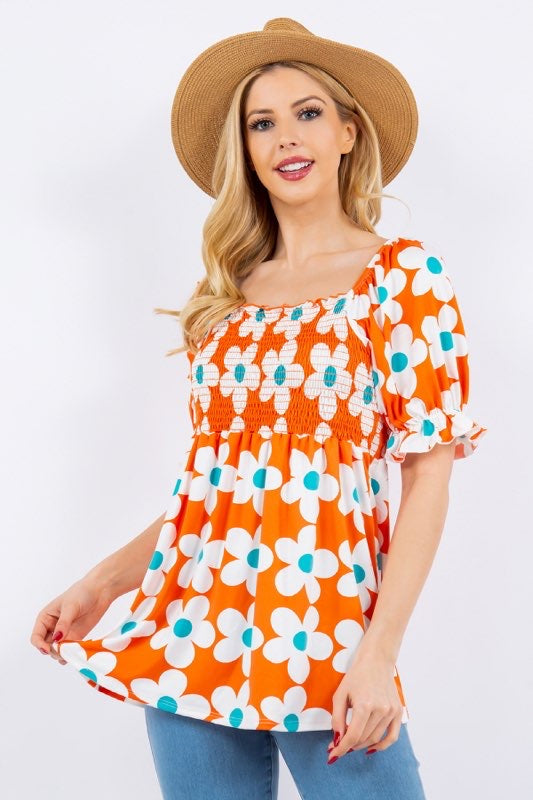 SALE!! 22 PSS-C {Daisy On Display} Orange Print Smocked Top PLUS SIZE XL 2X 3X
