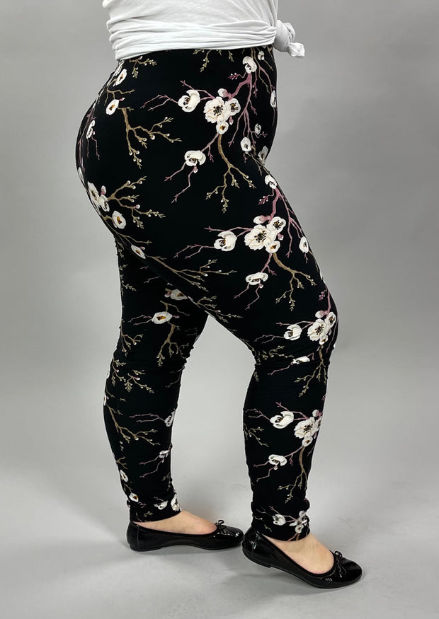LEG-88 {Blooming Apple} White Floral Printed Leggings EXTENDED PLUS SIZE 3X/5X