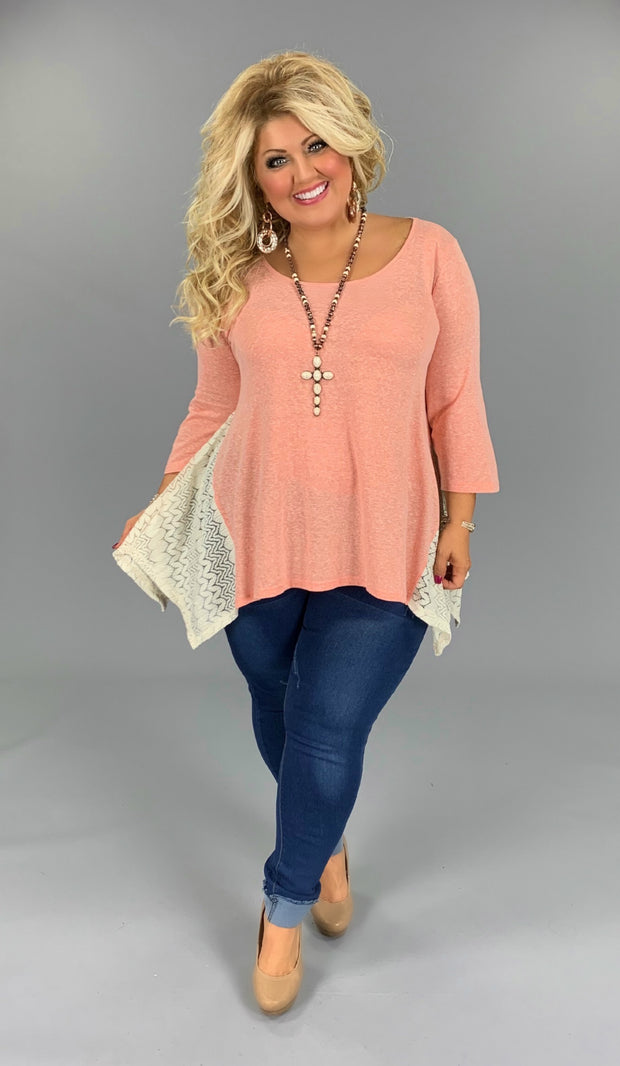 SD-T (Graceful Sway) UMGEE Peach Tunic W/ Crochet Detail PLUS SIZE XL, 1X, 2X