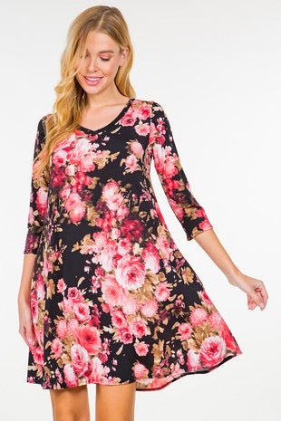 55 PQ-C {Floral Fate} Black Pink Floral Printed Dress PLUS SIZE 1X 2X 3X