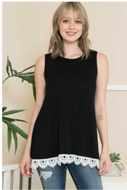 45 SV-A {Praying Daily} Black Sleeveless Tunic Lace Hem Plus Size XL 2X 3X