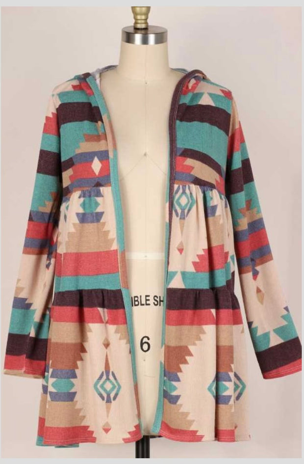 12 OT-O {Happy Mood} Taupe Tribal Print Tiered Cardigan W/Hood PLUS SIZE 1X 2X 3X