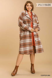 32 OT-D  {Starting Again}  "Umgee" Camel Plaid Button Up Shacket PLUS SIZE XL 1X 2X