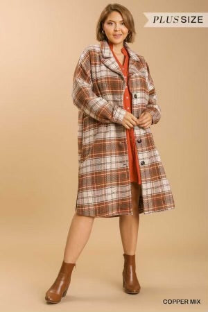 32 OT-D  {Starting Again}  "Umgee" Camel Plaid Button Up Shacket PLUS SIZE XL 1X 2X