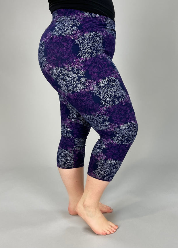 LEG-18 {Getting Things Done} Purple Floral Leggings Capri EXTENDED PLUS SIZE 3X/5X
