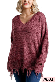 41 SLS-B {Lady Of Luxury} "UMGEE" Wine Sweater W/Fringe PLUS SIZE XL 1X 2X