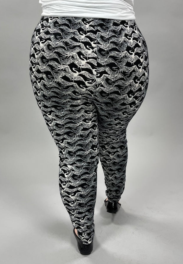 LEG-53 {Swan Lake} Swan Printed Black Leggings EXTENDED PLUS SIZE 3X/5X
