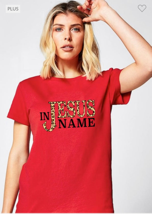 49 GT {In Jesus Name} Red/Leopard Script Graphic Tee  PLUS SIZE 1X 2X 3X