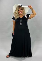LD-B {Everyday Stunner} Black Long Dress Floral Sleeves PLUS SIZE 1X 2X 3X