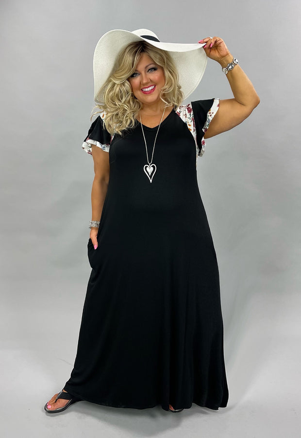 LD-B {Everyday Stunner} Black Long Dress Floral Sleeves PLUS SIZE 1X 2X 3X