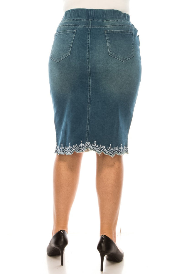 LEG-94 {Putting It Simply} Denim Embroidered Skirt EXTENDED PLUS SIZE 4X 5X