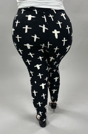LEG-49 {Glamorous Crosses} Cross Printed Black Leggings EXTENDED PLUS SIZE 3X/5X
